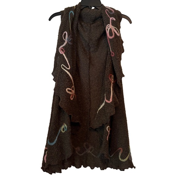Handmade Brown Knit Sleeveless Vest with Colorful Embroidered Detail Boho Chic - Picture 1 of 10